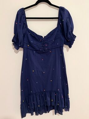 FARM Rio Navy Mini Dress with Beaded Flower Accents & Off Shoulder